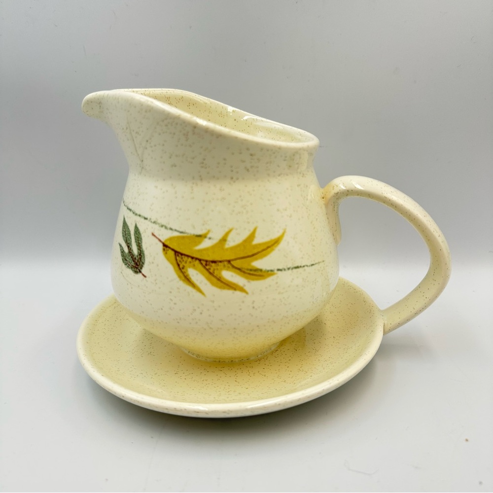 Vintage Franciscan Autumn Leaves Pattern Gravy Boat with Attached Saucer MCM
